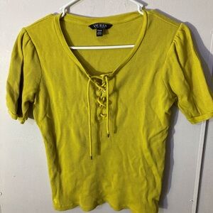 Lauren Ralph Lauren Green and Yellow Puff Sleeve Blouse